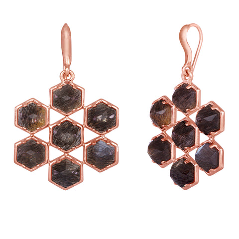 Grid Earrings: 18k Rose Gold, Rose Cut Hexagon Golden Black Moonstones