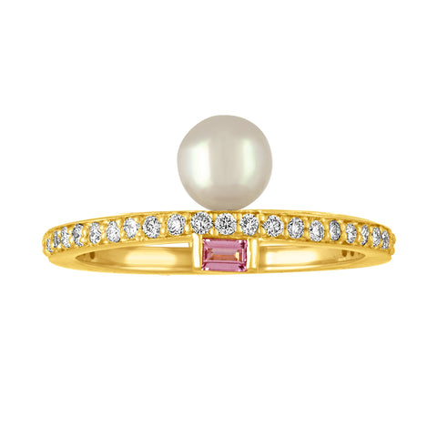 Claire Ring Mini: 18k Gold, Diamonds, Pink Sapphire Baguettes, White Akoya Pearl