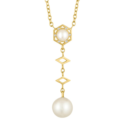 Cosmo Lariat Necklace: 18k Gold, Diamonds, Pearl Drop