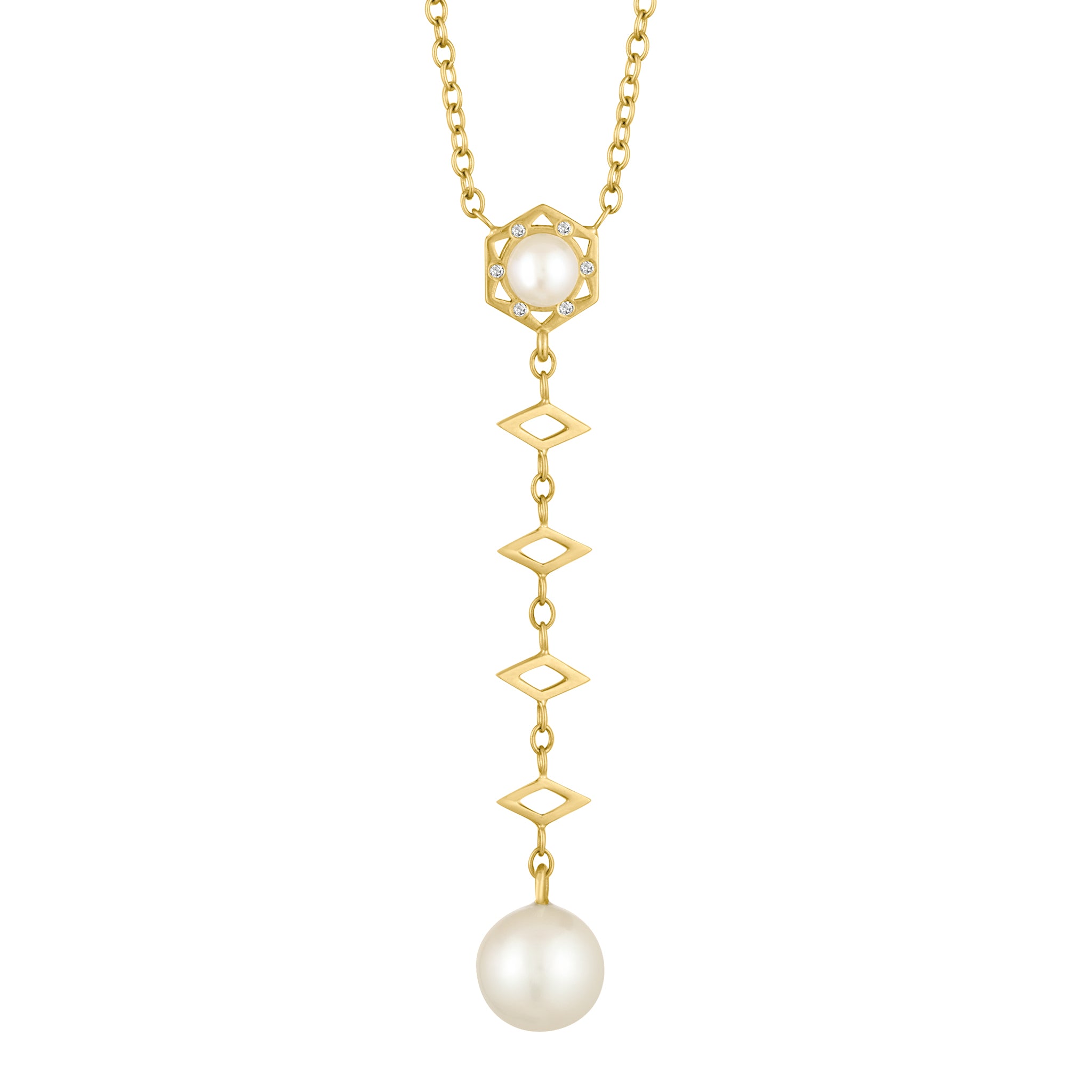 Cosmo Pearl Lariat Long Necklace: 18k Gold, Diamonds, Pearl Drop