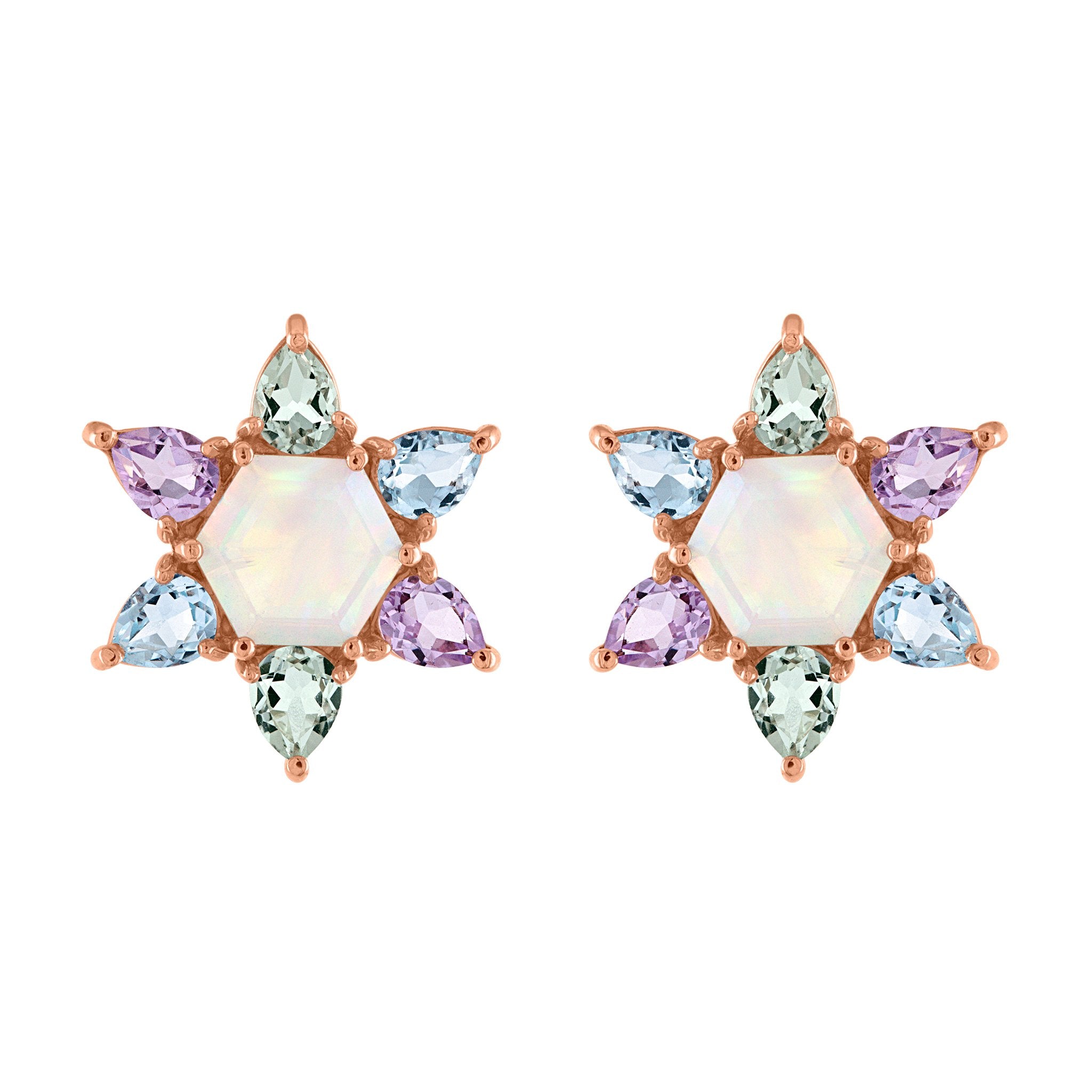 Bloom Stud Earrings: 14k Rose Gold, Opal, Green, Lavender, Swiss Blue Topaz Pears