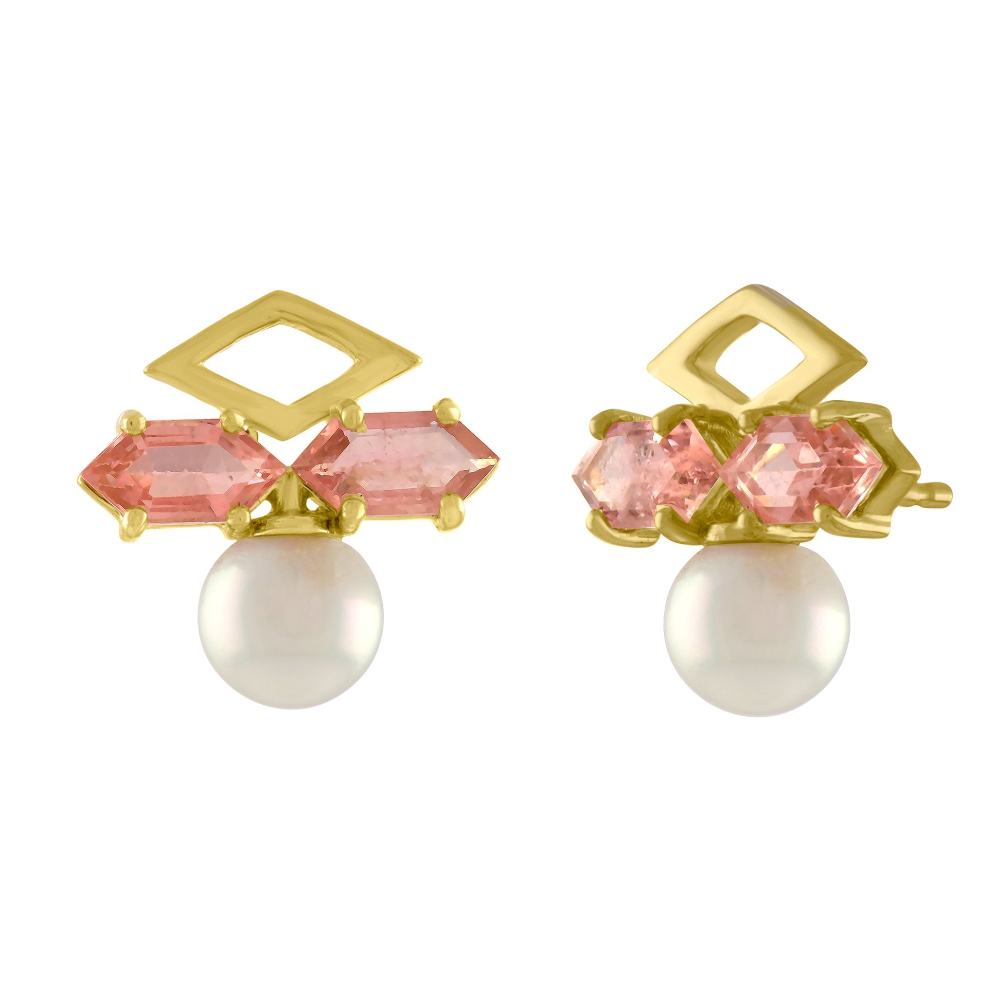 Geo Stud Earrings: 14k Gold, Pearl, Pink Tourmaline Kites