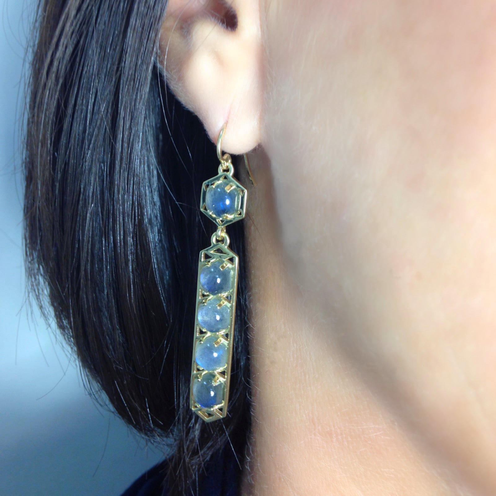 Stretto Earrings: 18k Gold, Hexagon Cabachon Labradorite