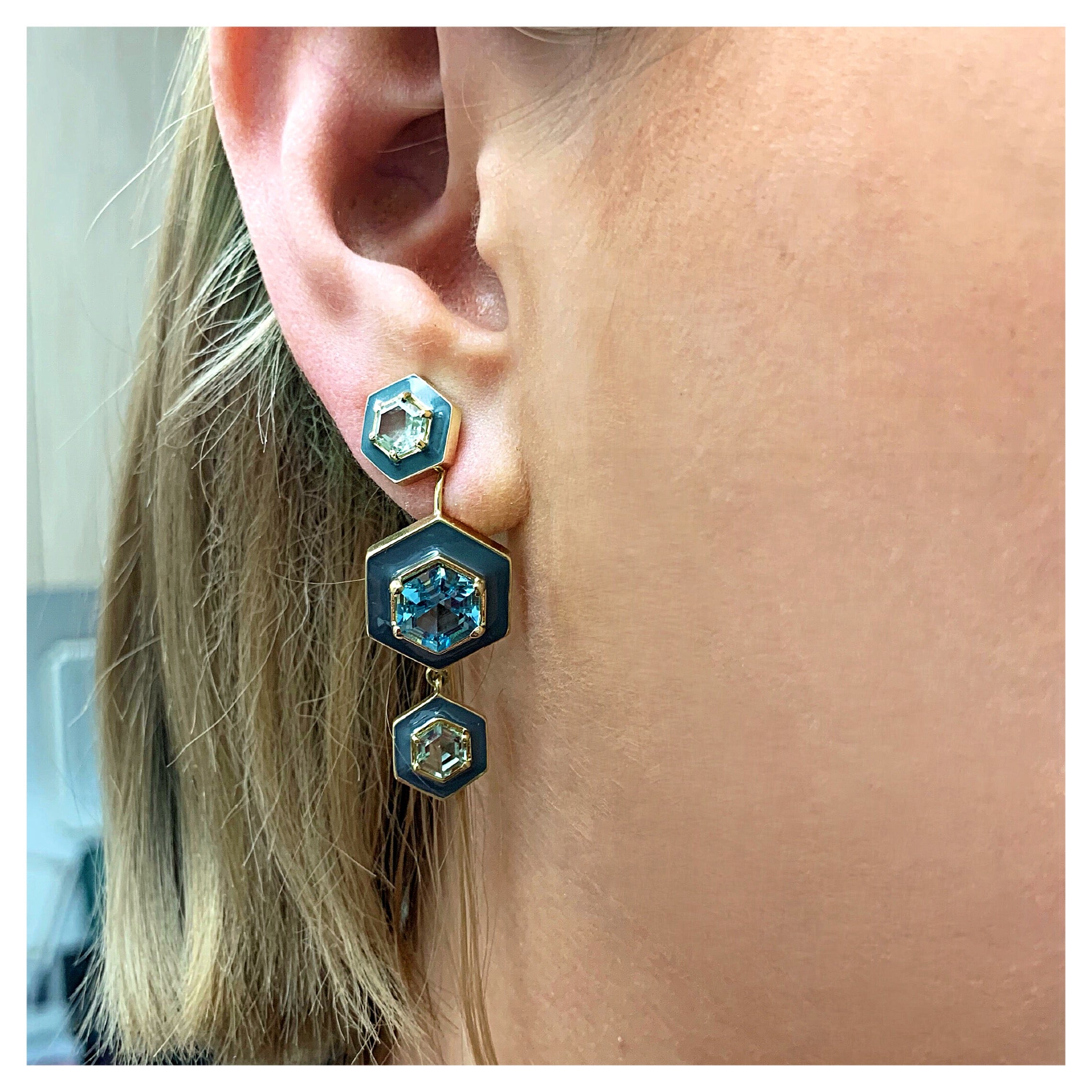 Glitter Enamel Earrings: 14/18k Gold, Blue & Green Topaz