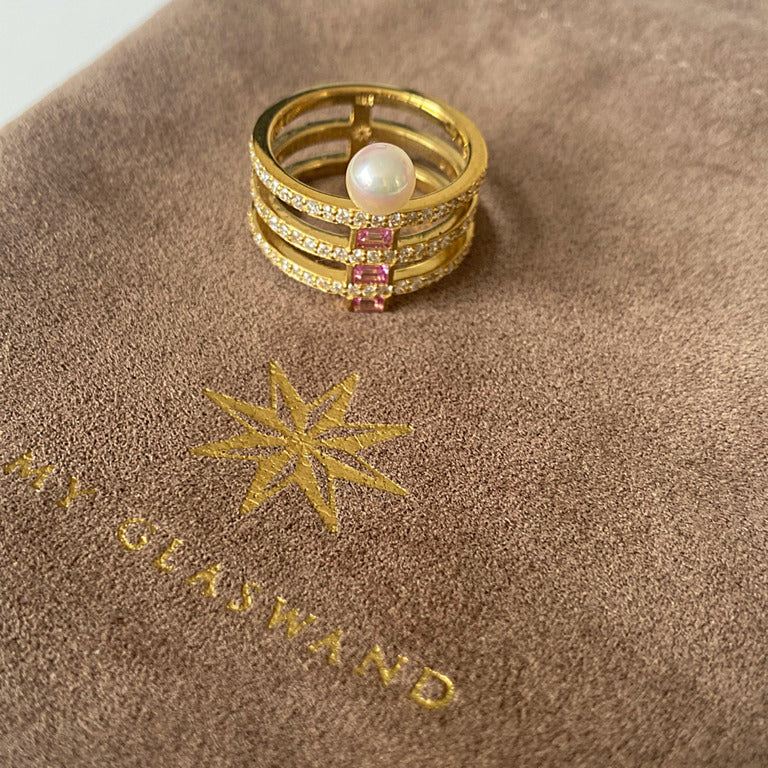 Claire Ring: 18k Gold, Diamonds, Pink Sapphire Baguettes, White Akoya Pearl