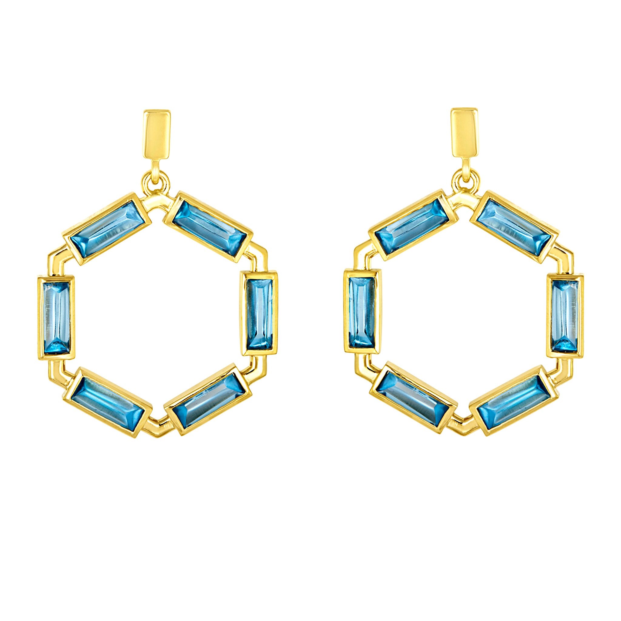 Block Hoop Earrings: 18k Gold, Blue Topaz Baguettes