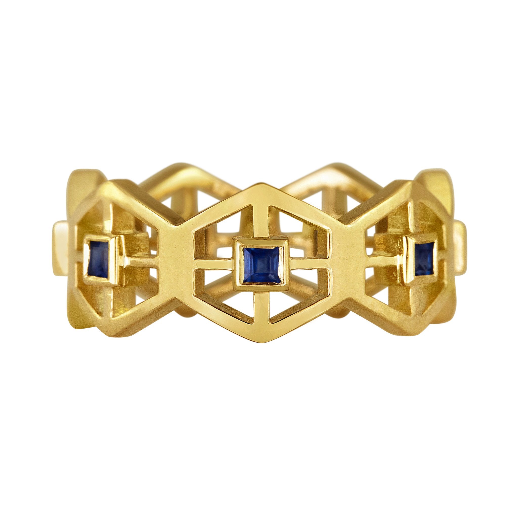 Grid Band Ring: 18k Gold, Square Blue Sapphires