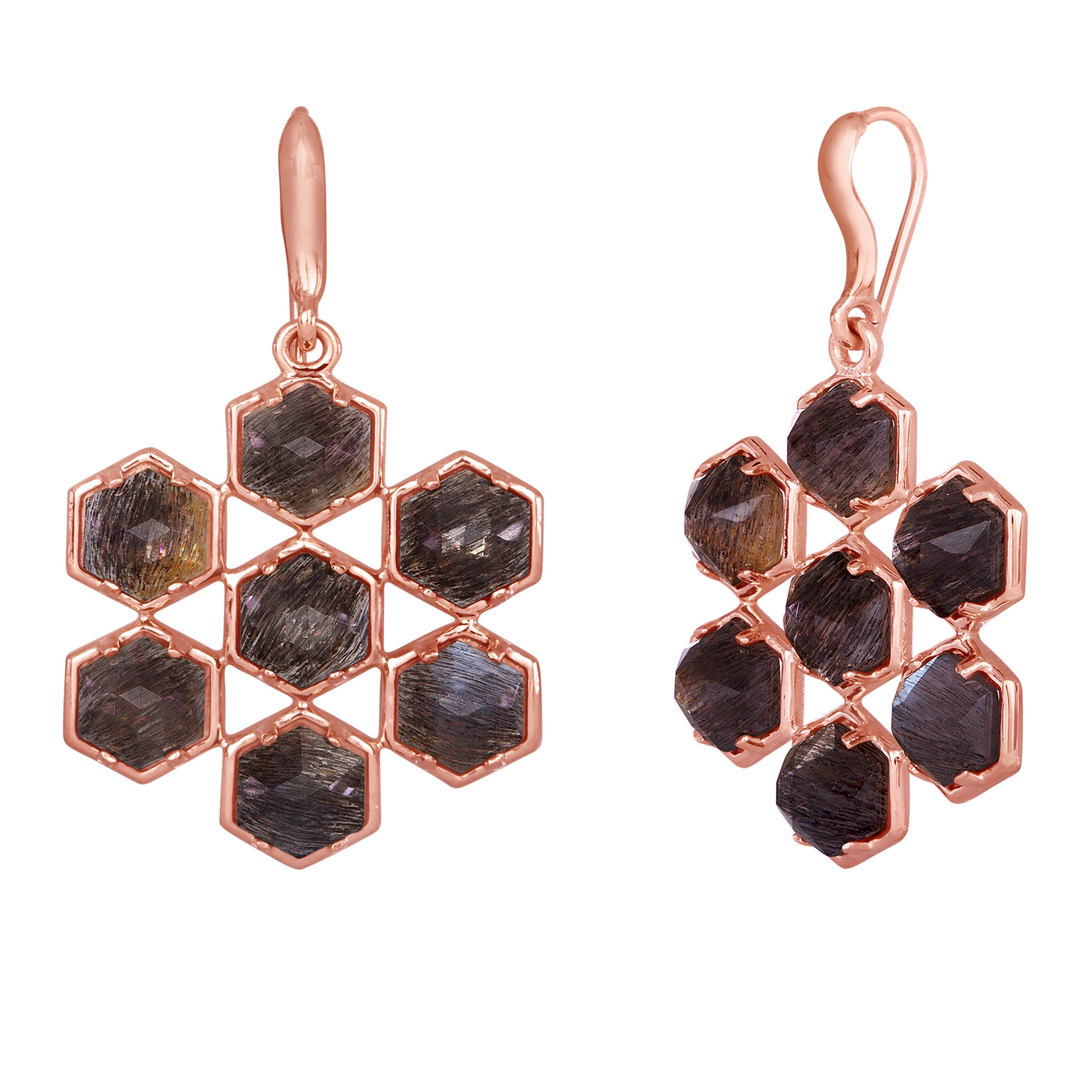 Grid Earrings: 18k Rose Gold, Rose Cut Hexagon Golden Black Moonstones