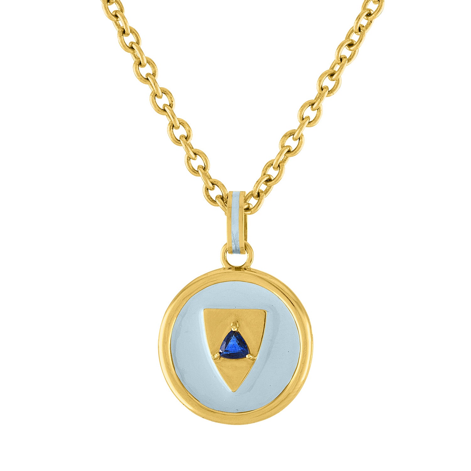Royal Shield Pendant: 14k Gold, Sapphire Trillion, Enamel
