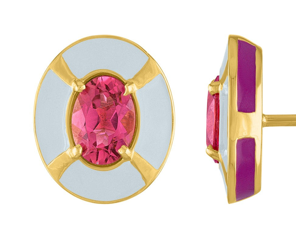 Pop Nouveau Gold, Enamel and Pink Tourmaline Stud Earrings