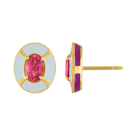 Pop Nouveau Gold, Enamel and Pink Tourmaline Stud Earrings