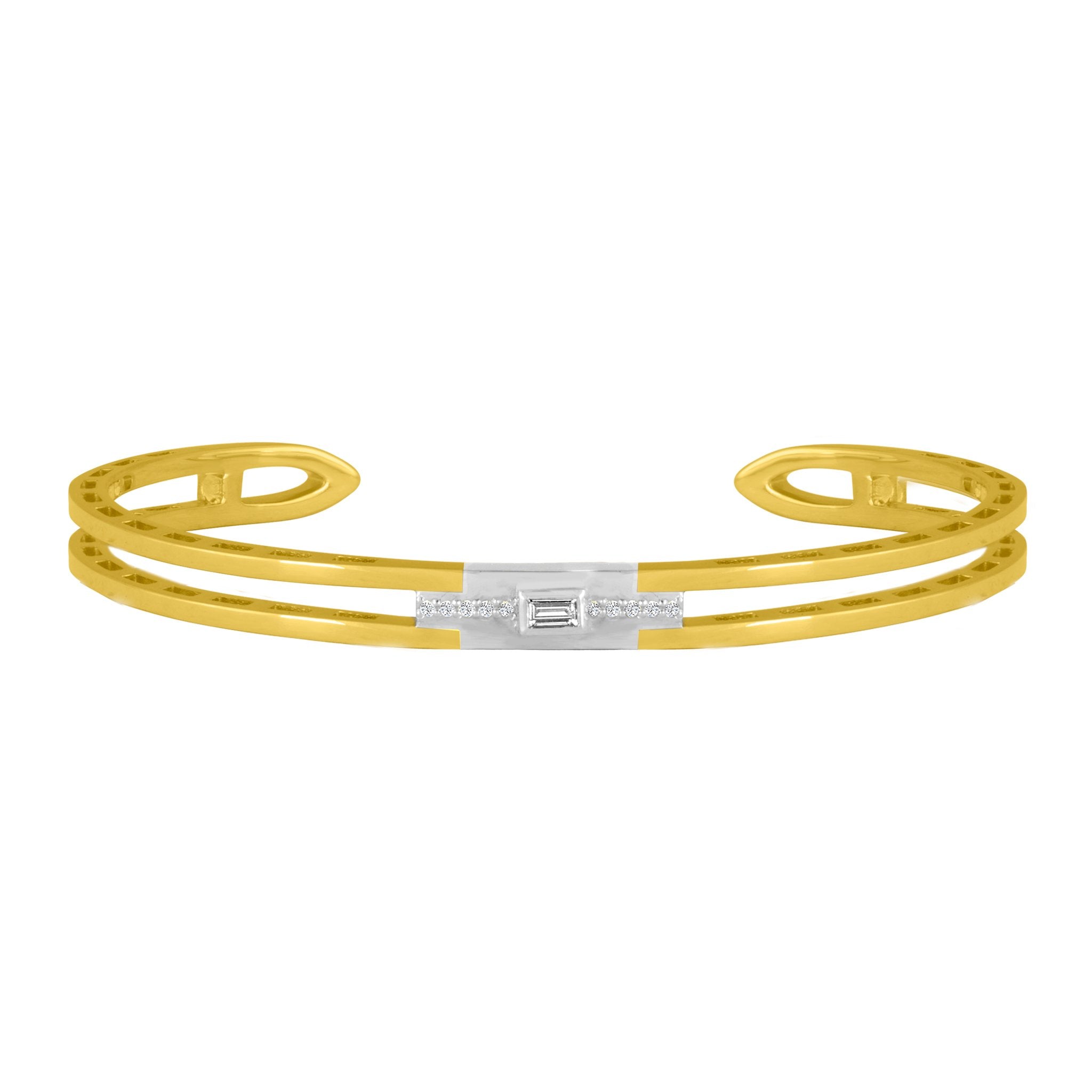 Edge Cuff Bracelet: 18k Yellow Gold, 18k White Gold, Round Diamonds & Baguette