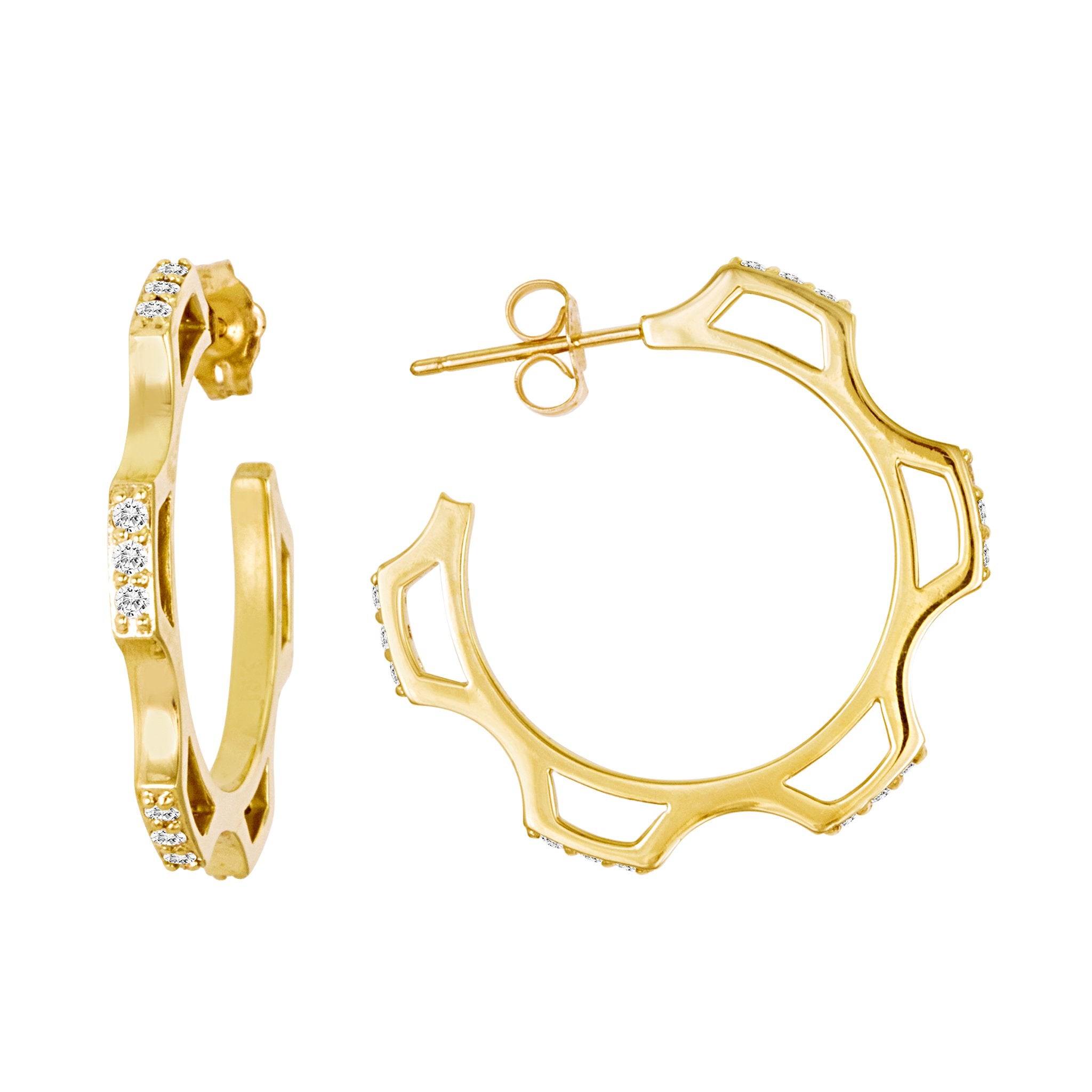 Gear Hoop Earrings: 18k Gold, Diamonds