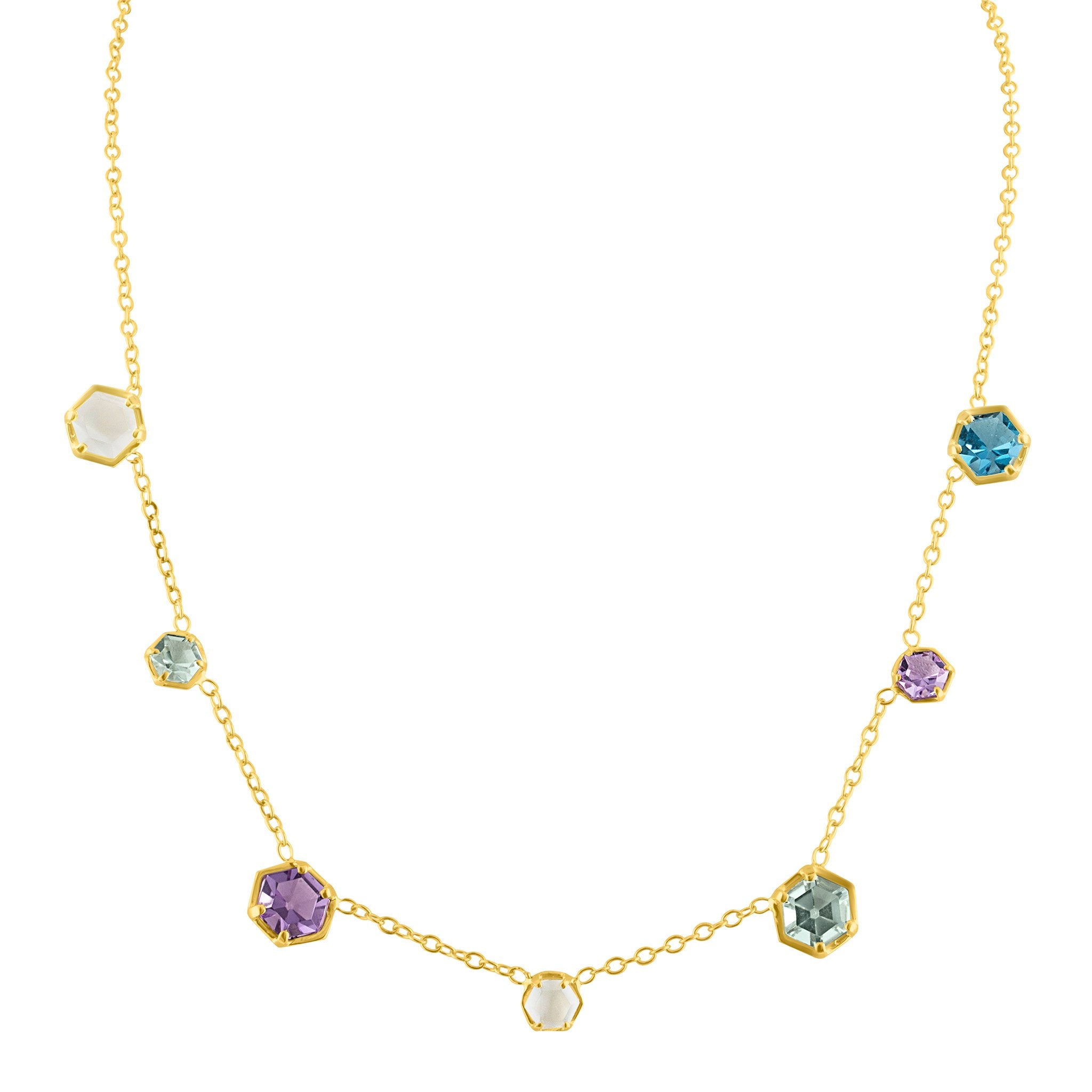 Glitter Necklace: 14k Gold, Topaz, Amethyst, Moonshine