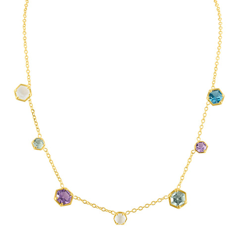 Glitter Necklace: 14k Gold, Topaz, Amethyst, Moonshine