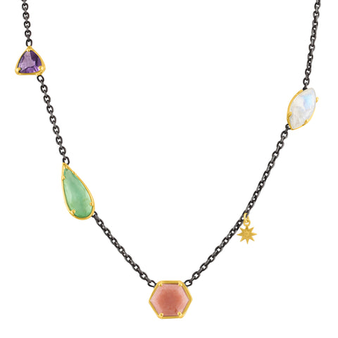 Hex Mix Stone Necklace: 14k Gold, Silver, Pink & Green Chalcedony, Amethyst, Moonstone