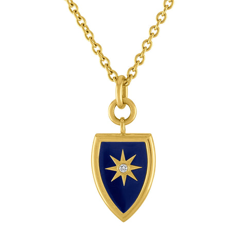 Celestial Shield Pendant: 14k Gold, Enamel, Diamonds