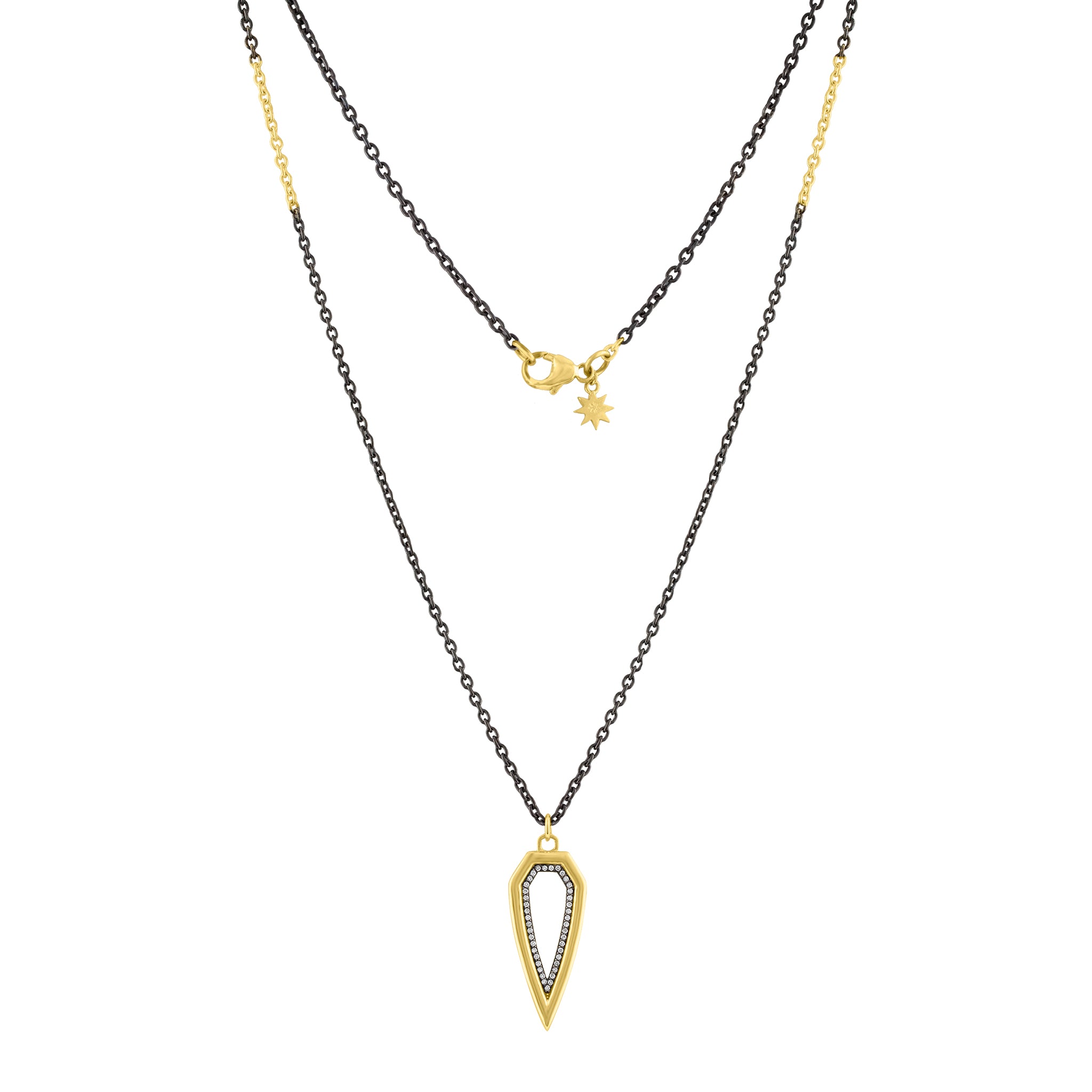 Shield Chain Necklace: 14k Gold, Diamond, Rhodium Plate Silver