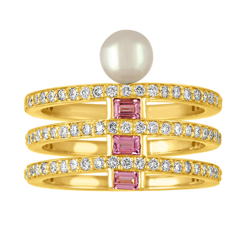 Claire Ring: 18k Gold, Diamonds, Pink Sapphire Baguettes, White Akoya Pearl