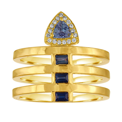 Lara Ring: 18k Gold, Tanzanite Trillion, Blue Sapphire Baguettes, Diamonds