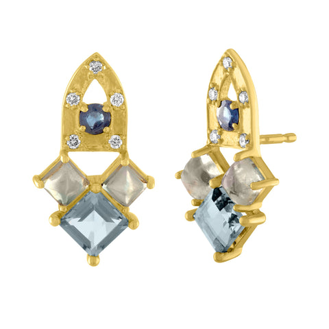 Arch Stud Earrings: 14k Gold, Blue Aapphire, London Blue Topaz, Moonstone, Diamonds