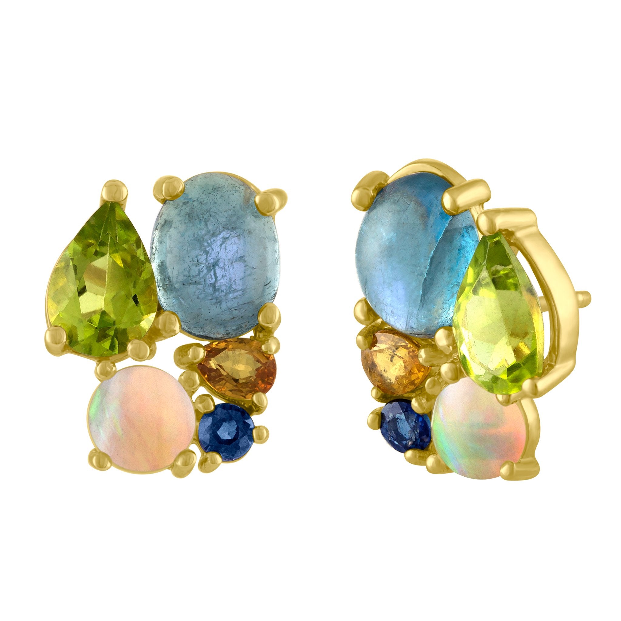 Bon Bon Stud Earrings: 14k Gold, Peridot, Acqua, Opal, Yellow Pear Sapphire, Blue Sapphire