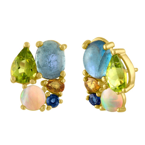Bon Bon Stud Earrings: 14k Gold, Peridot, Acqua, Opal, Yellow Pear Sapphire, Blue Sapphire