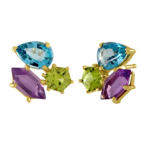 Candyland Stud Earrings: 14k Gold, Peridot, London Blue Topaz, Amethyst Kites