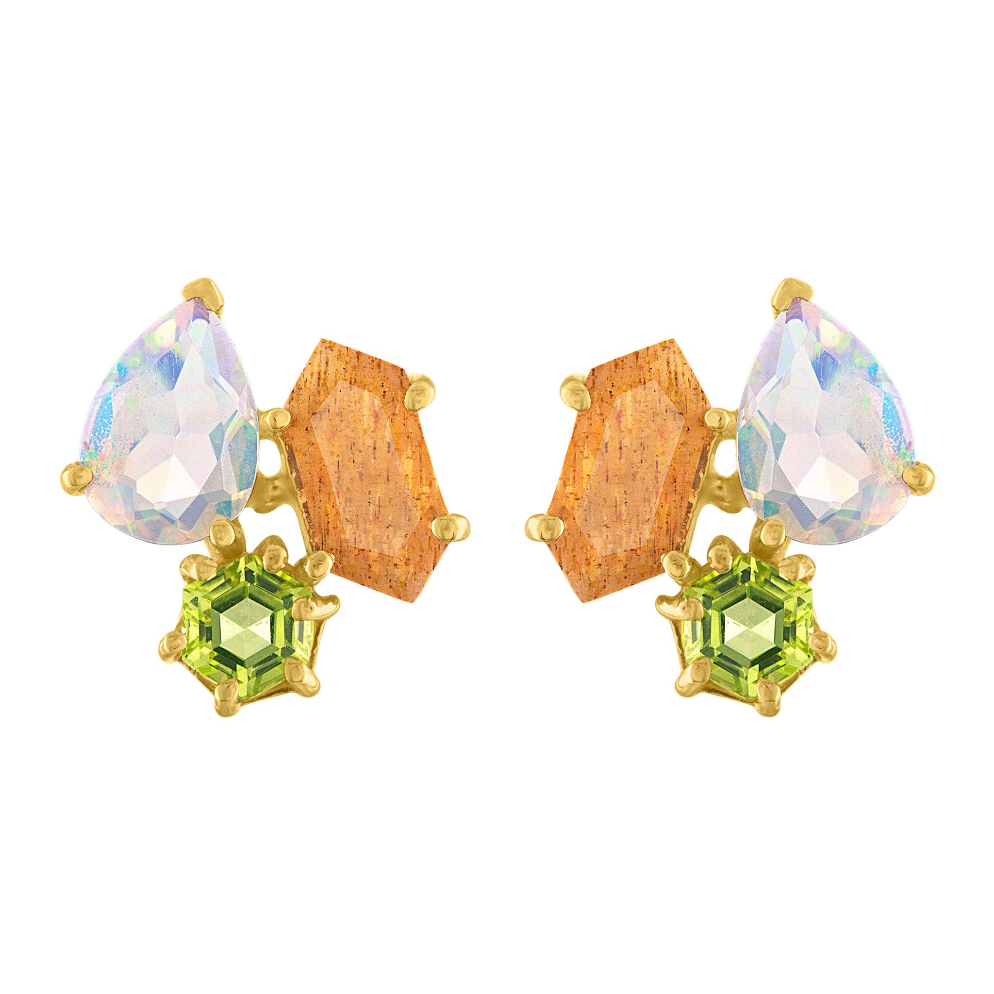 Candyland Stud Earrings: 14k Gold, Peridot Opal, Sunstone Kites 