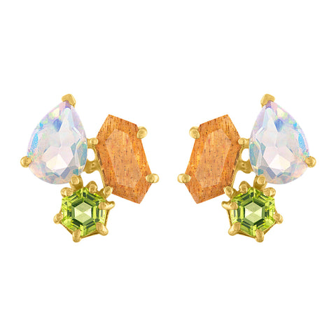 Candyland Stud Earrings: 14k Gold, Peridot Opal, Sunstone Kites