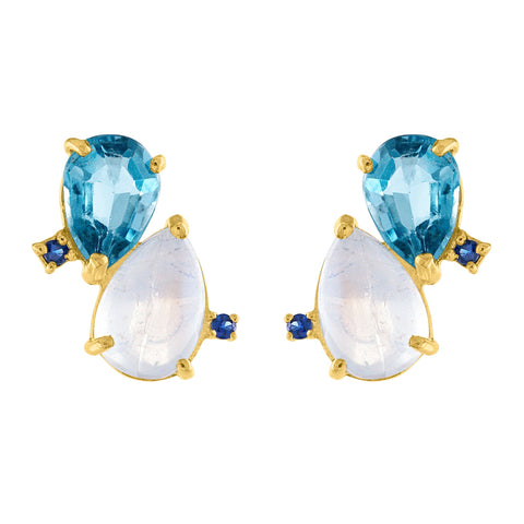 Cloud Stud Earrings: 14k Gold, Moonstone, London Blue Topaz, Blue Sapphire