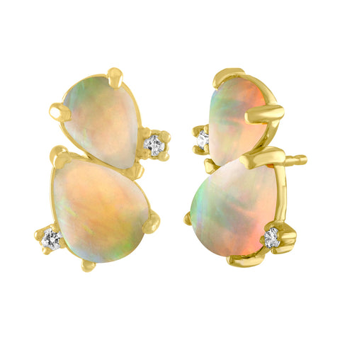 Cloud Stud Earrings: 14k Gold, Pear Shaped Opals, Diamonds