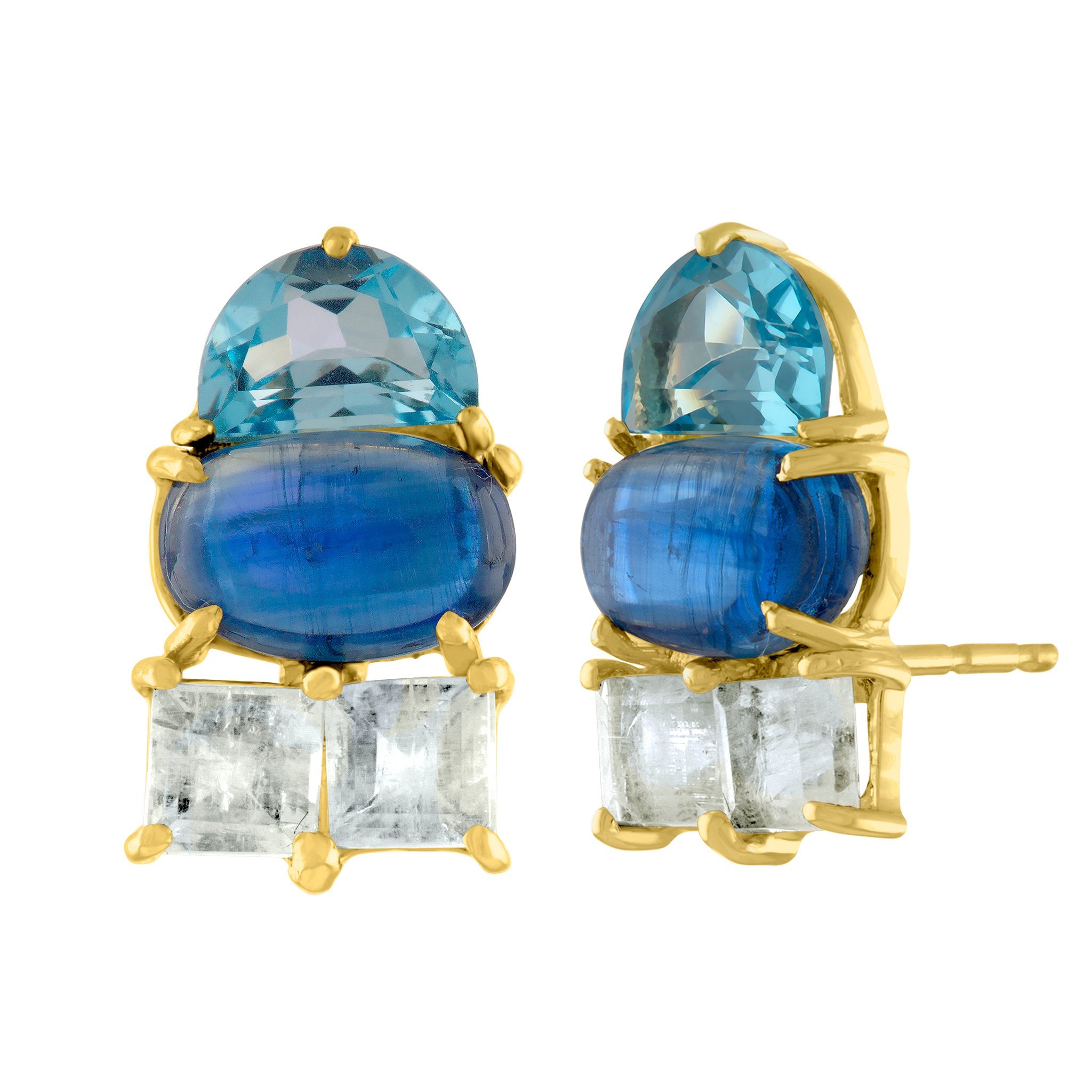 Dazzle Stud Earrings: 14k Gold, Blue Topaz Half Moon, Kyanite, Moonstone