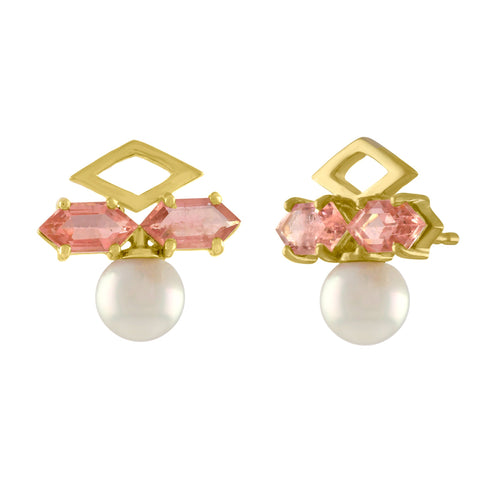 Geo Stud Earrings: 14k Gold, Pearl, Pink Tourmaline Kites