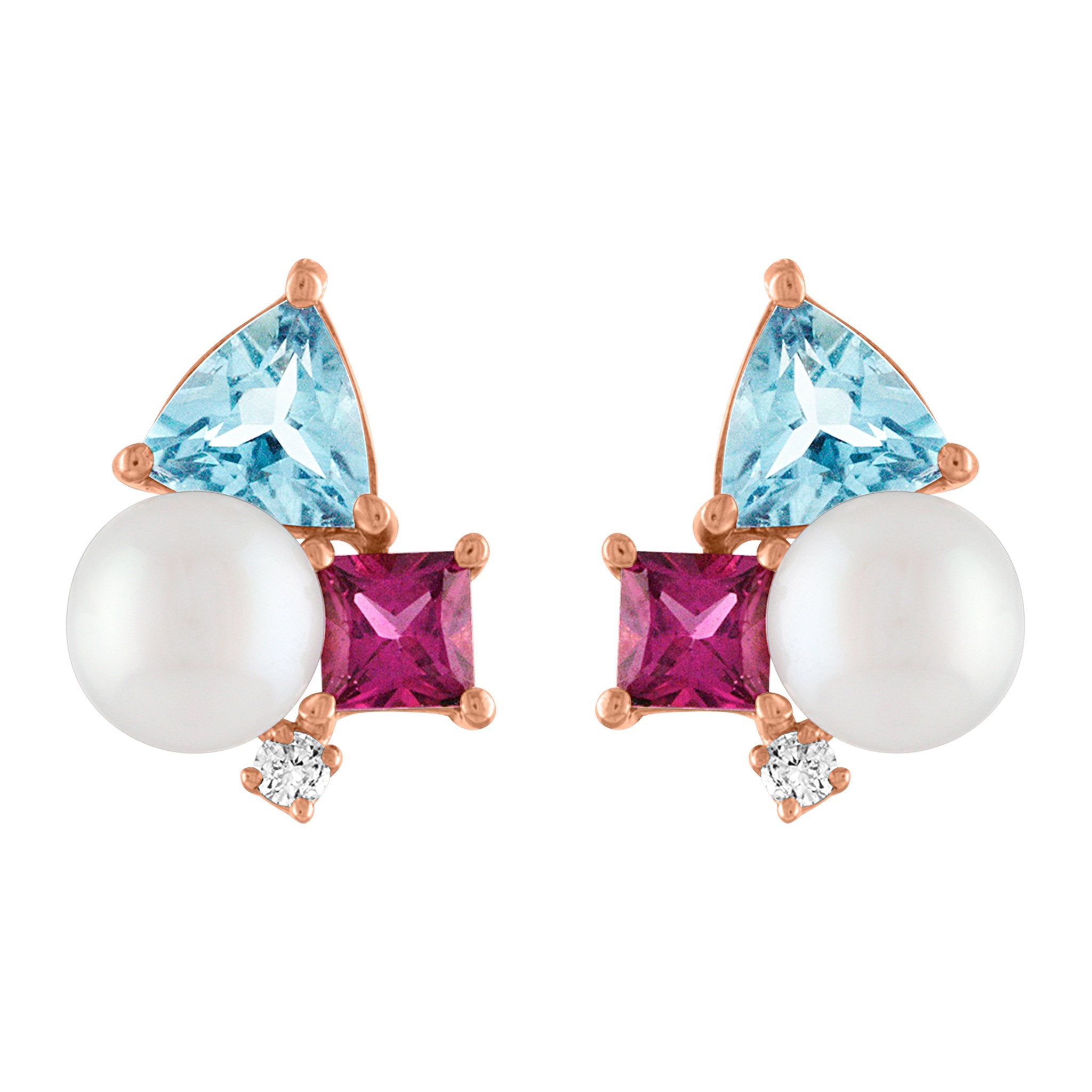 Luna Stud Earrings: 14k Rose Gold, Pearl, Blue Topaz, Rhodolite, Diamonds