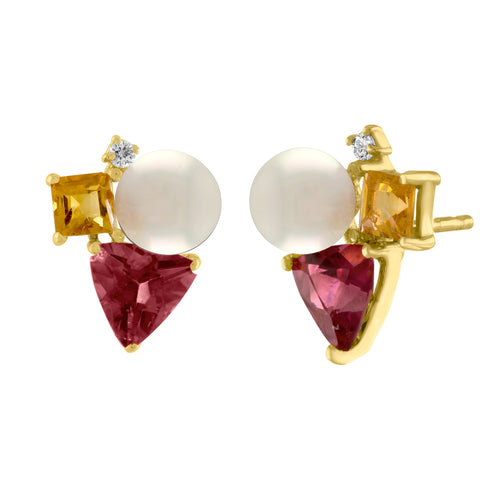 Luna Stud Earrings: 14k Rose Gold, Pearl, Pink Tourmaline, Citrine, Diamonds