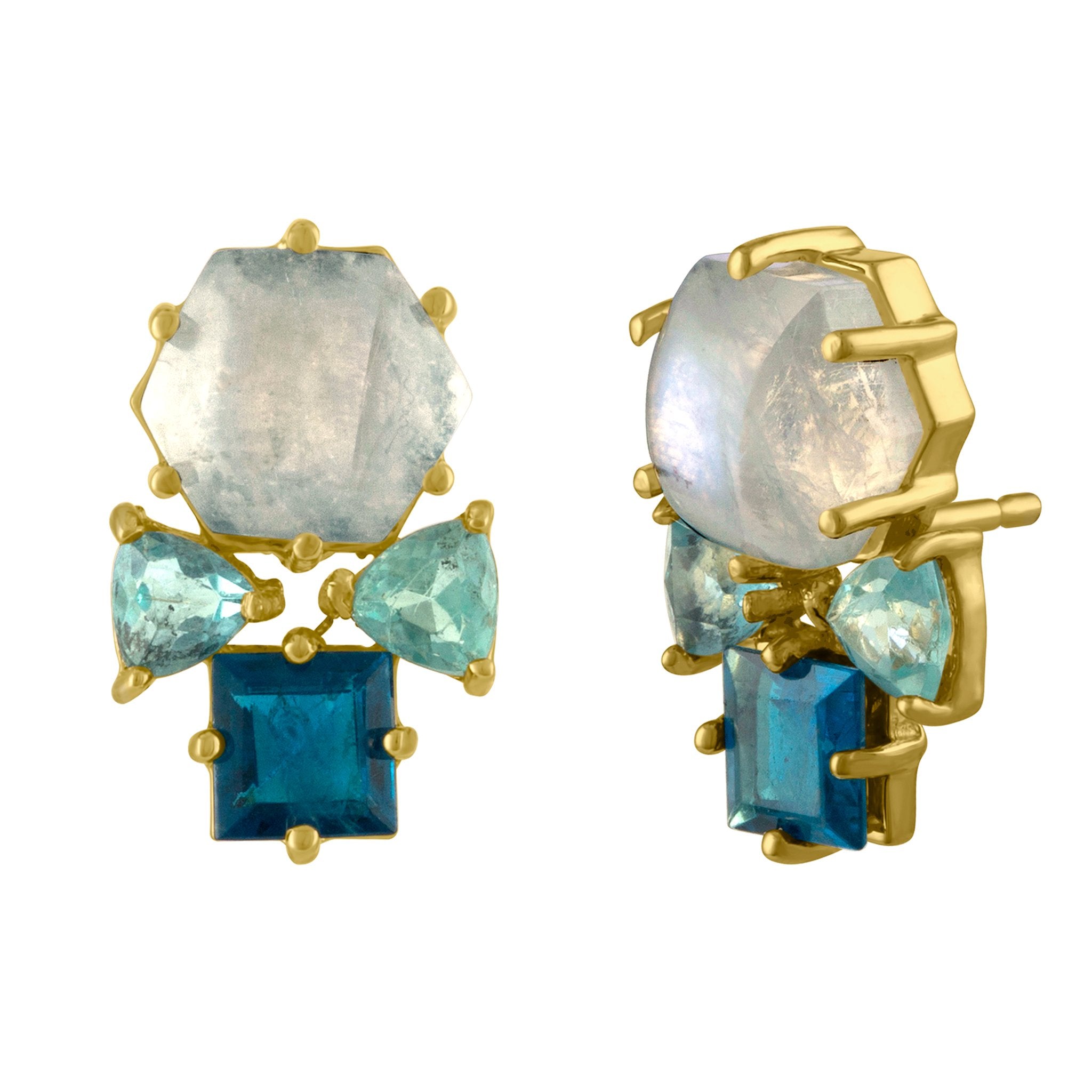 Moon Stud Earrings: 14k Gold, Aqua Hexagon, Lavender Topaz, Green Topaz