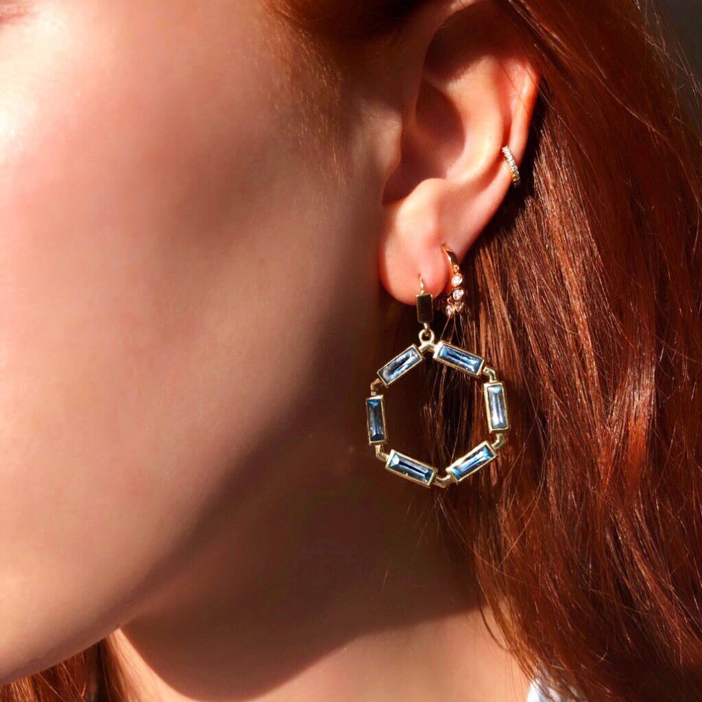 Block Hoop Earrings: 18k Gold, Blue Topaz Baguettes