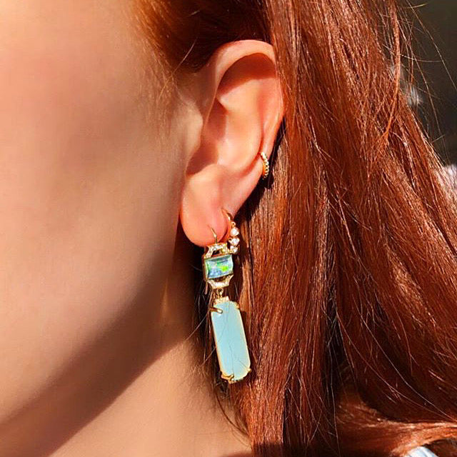 Edge Jazz Earrings: 18k Gold, Diamonds, Opal, Aquamarine, Opal
