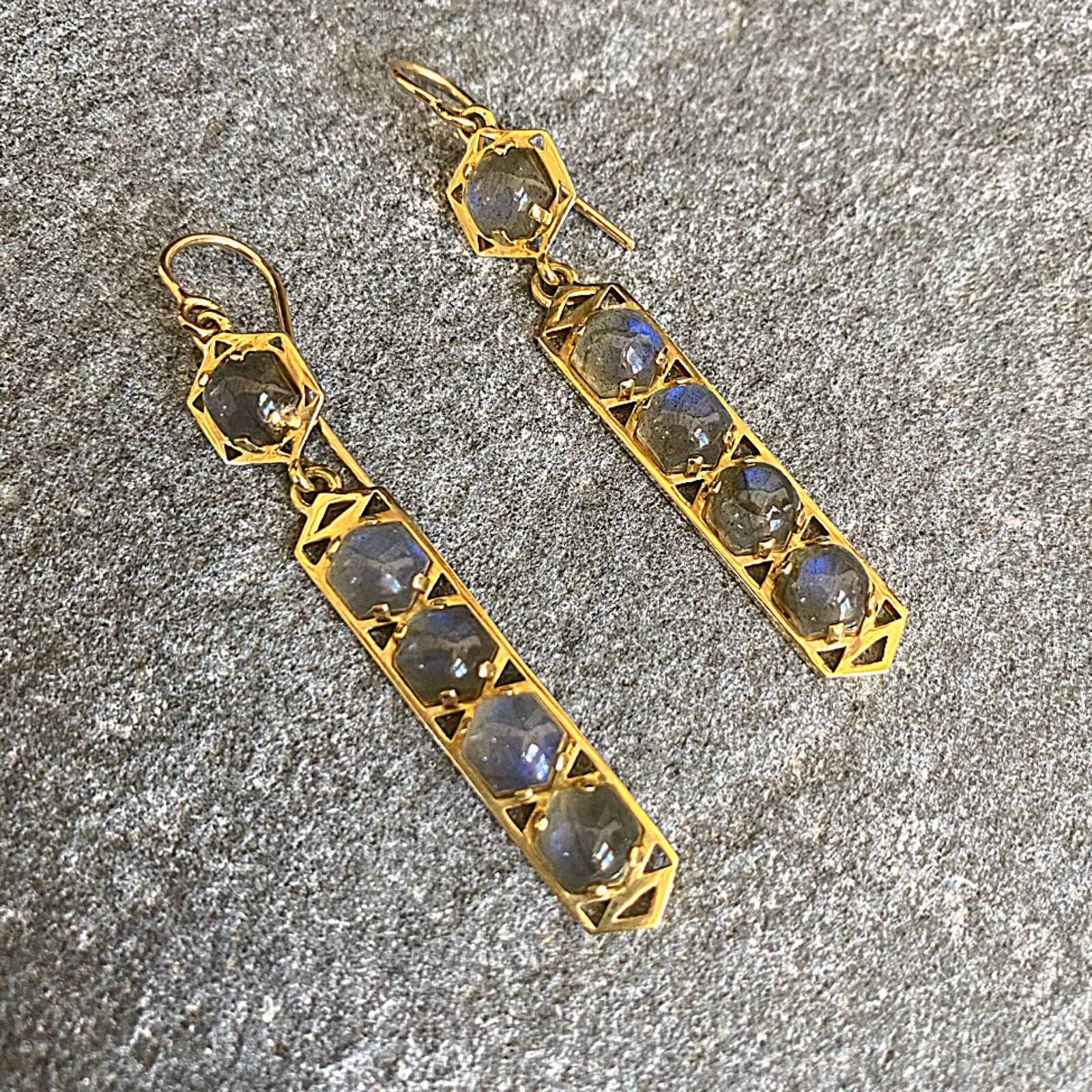 Stretto Earrings: 18k Gold, Hexagon Cabachon Labradorite