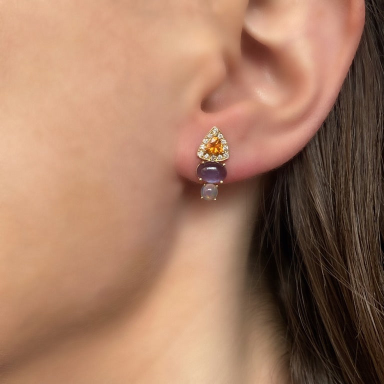 Linea Stud Earrings: 14k Gold, Spessartite Trillions, Tanzanite, Opal